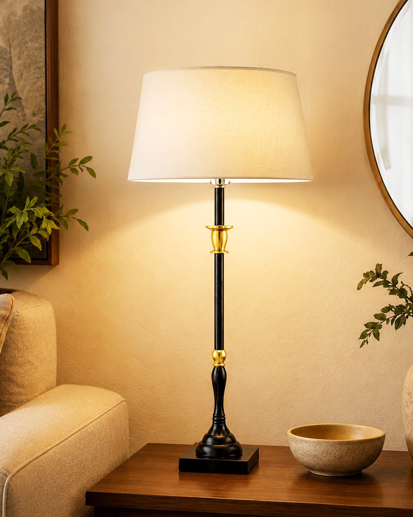 Classic Imperial Black Golden Candlestick Table Lamp, Drum Shade