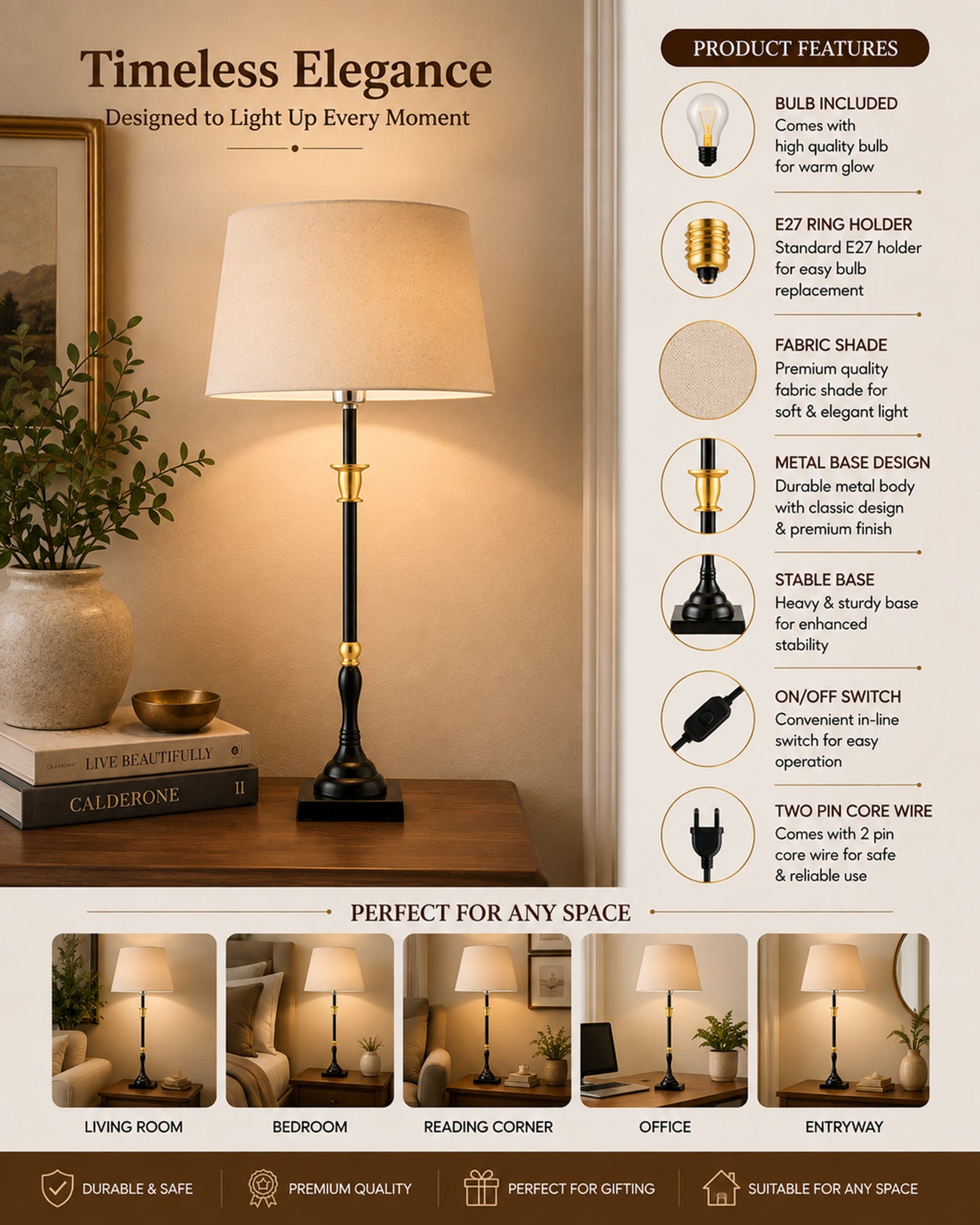 Classic Imperial Black Golden Candlestick Table Lamp, Drum Shade