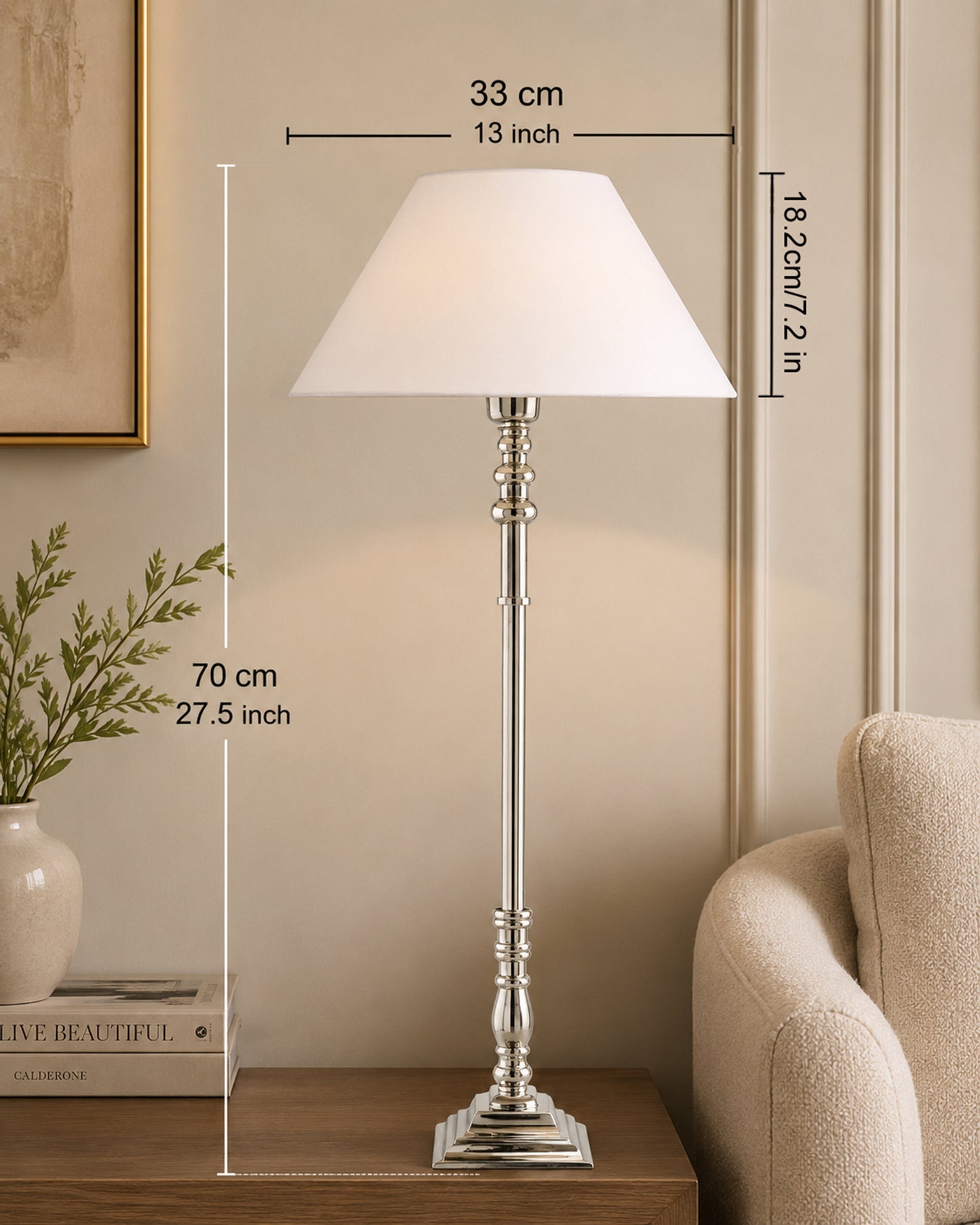 Modern Aluminium Chrome Finish Buffet Table Lamp, Cone Shade