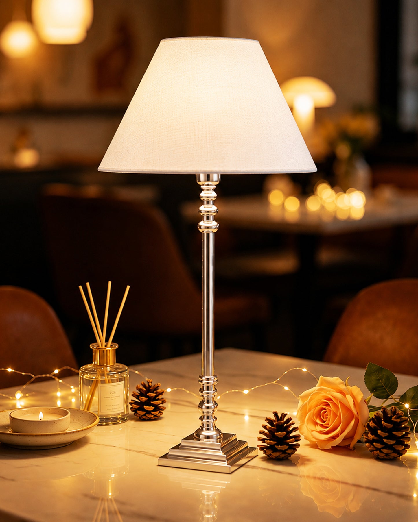Modern Aluminium Chrome Finish Buffet Table Lamp, Cone Shade
