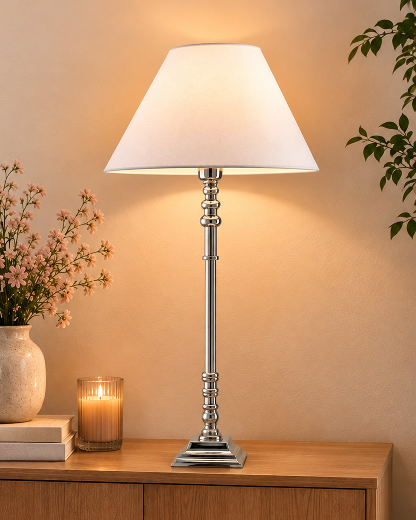 Modern Aluminium Chrome Finish Buffet Table Lamp, Cone Shade