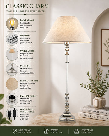 Modern Aluminium Chrome Finish Buffet Table Lamp, Cone Shade