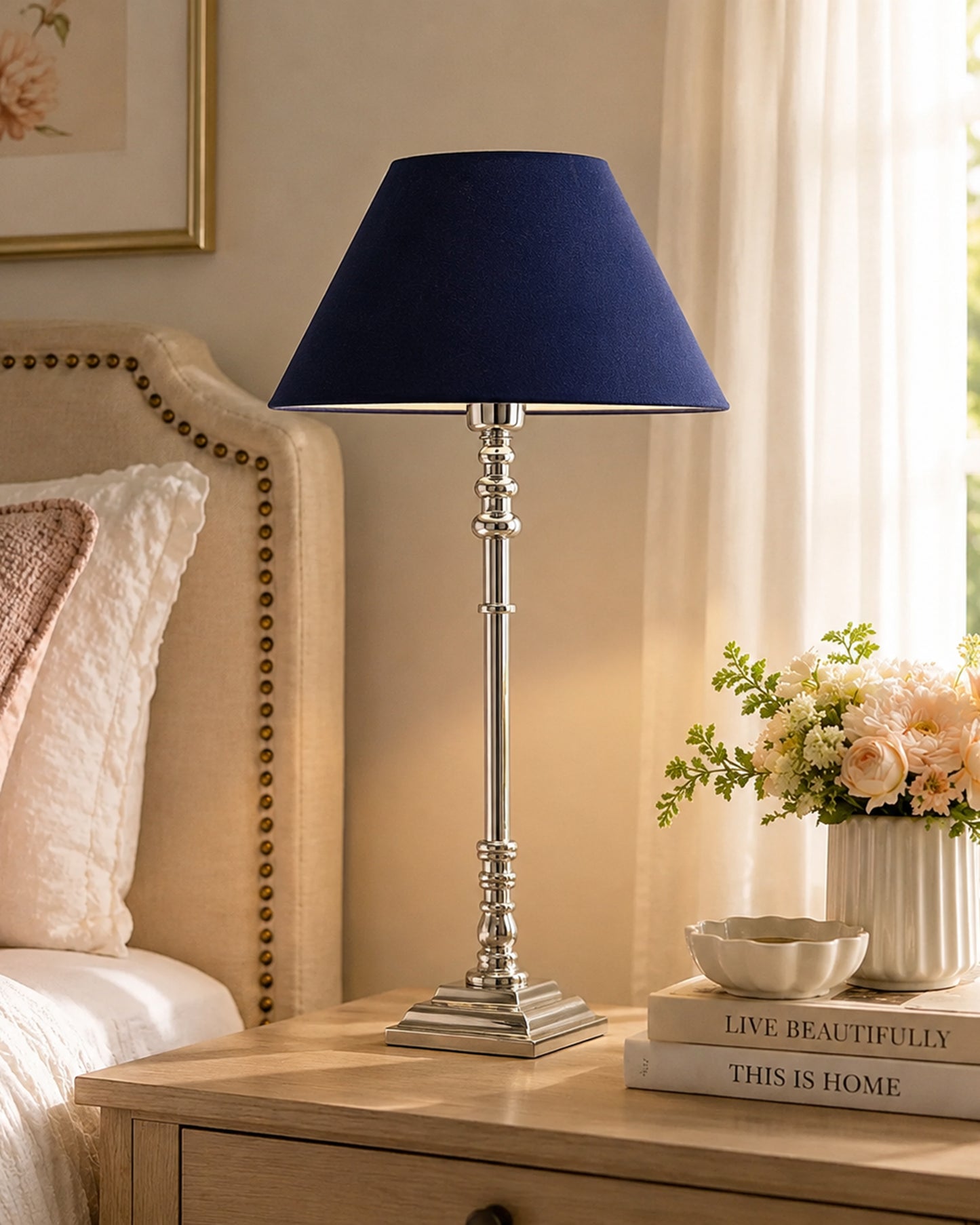 Modern Aluminium Chrome Finish Buffet Table Lamp, Cone Shade