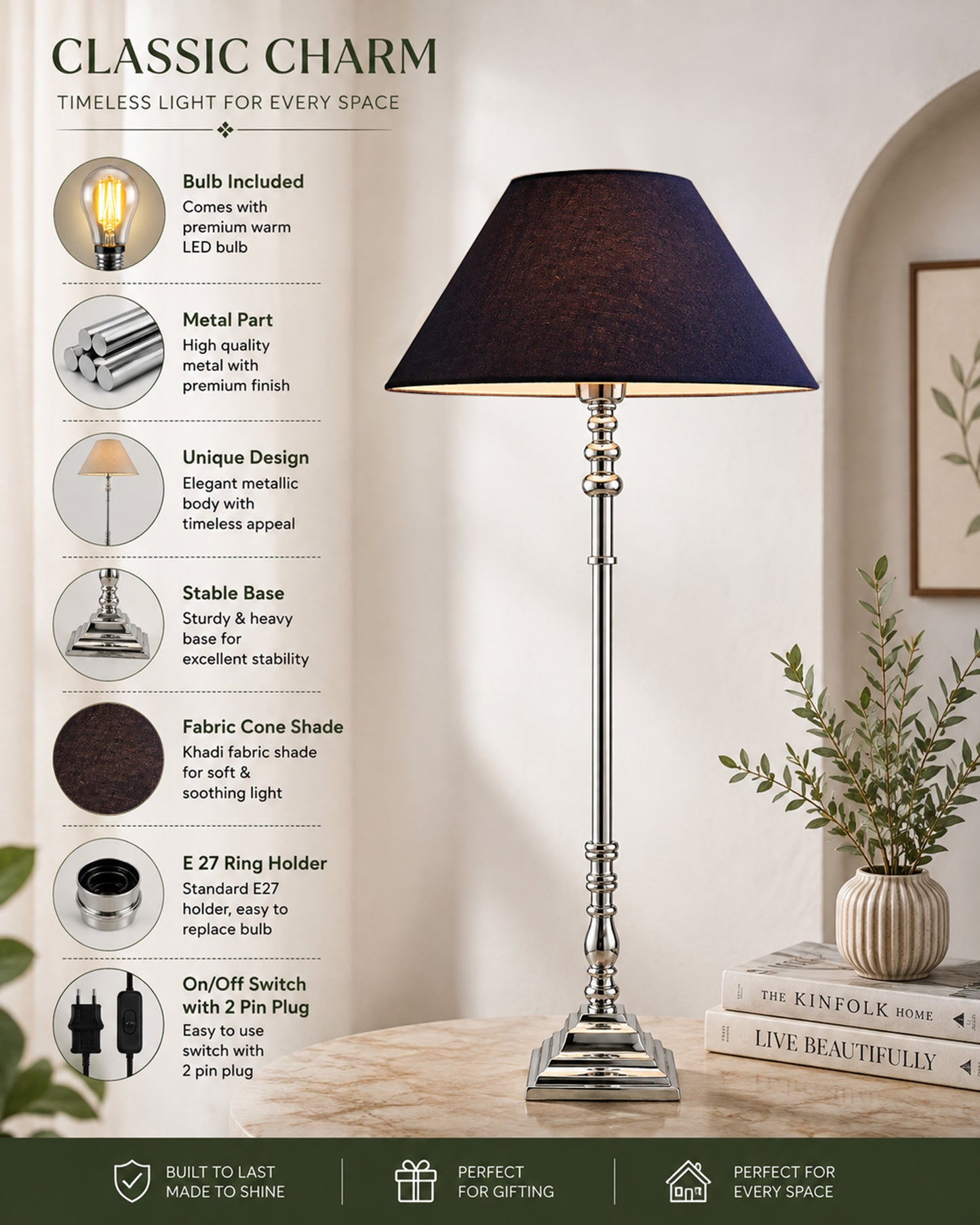 Modern Aluminium Chrome Finish Buffet Table Lamp, Cone Shade