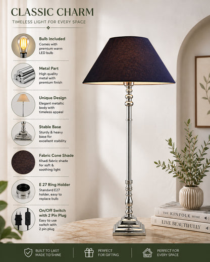 Modern Aluminium Chrome Finish Buffet Table Lamp, Cone Shade