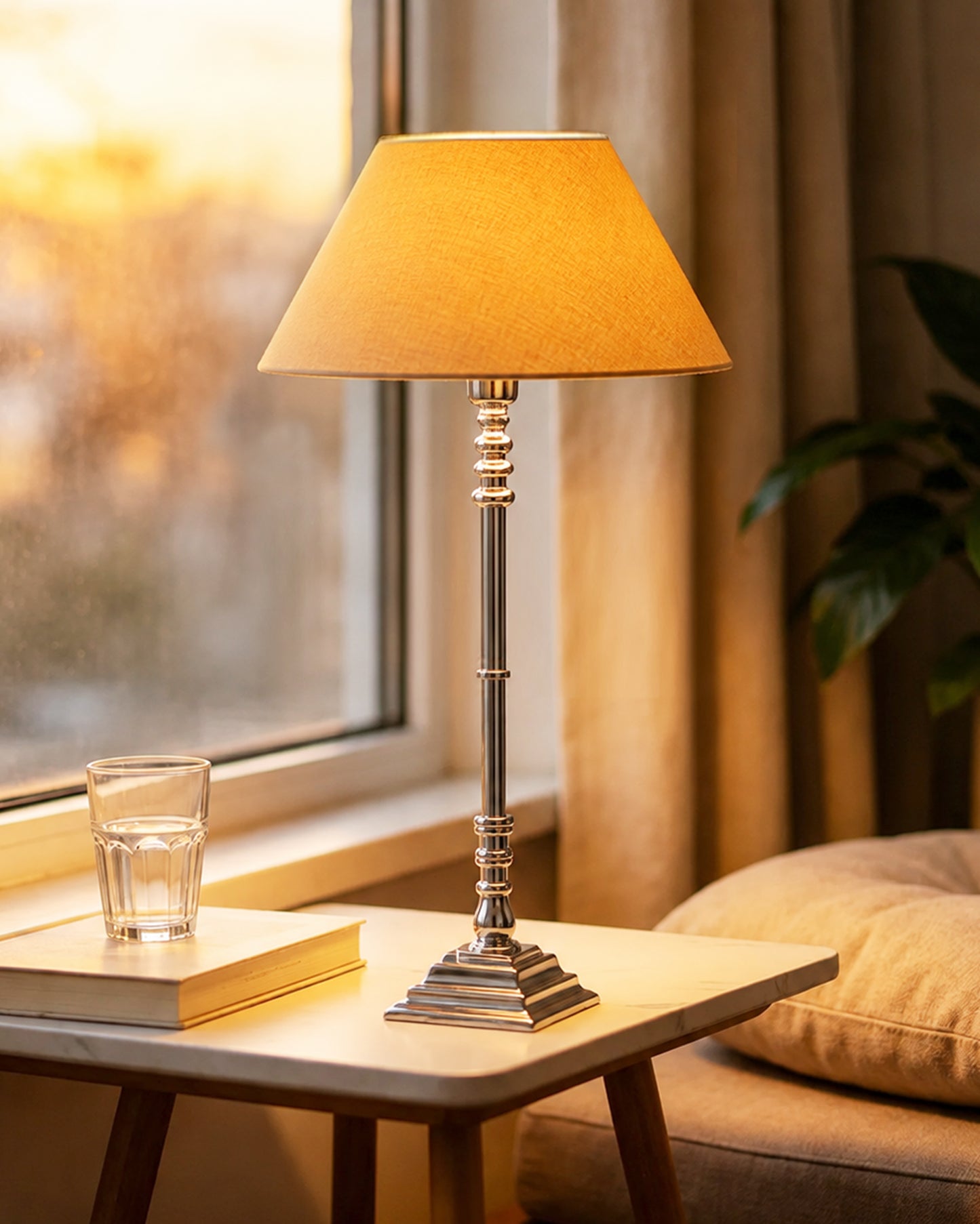 Modern Aluminium Chrome Finish Buffet Table Lamp, Cone Shade