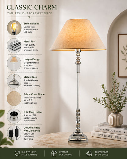 Modern Aluminium Chrome Finish Buffet Table Lamp, Cone Shade