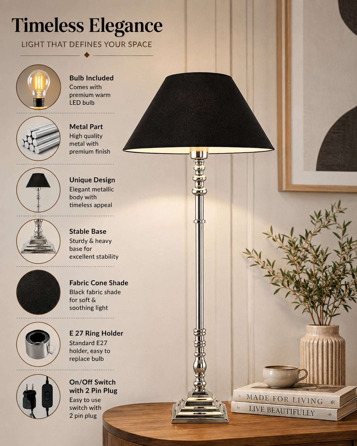 Modern Aluminium Chrome Finish Buffet Table Lamp, Cone Shade