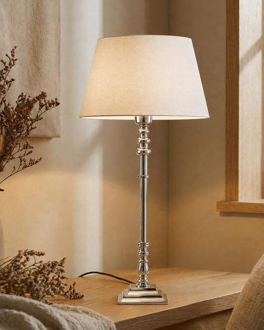 Modern Aluminium Chrome Finish Buffet Table Lamp, Drum Shade