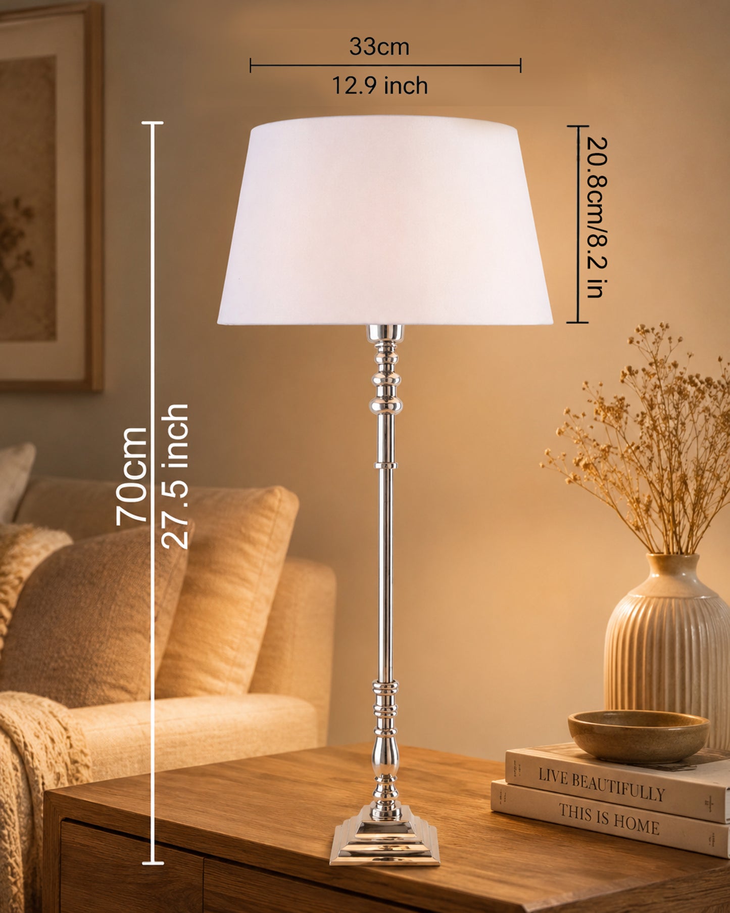 Modern Aluminium Chrome Finish Buffet Table Lamp, Drum Shade