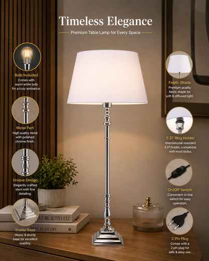 Modern Aluminium Chrome Finish Buffet Table Lamp, Drum Shade