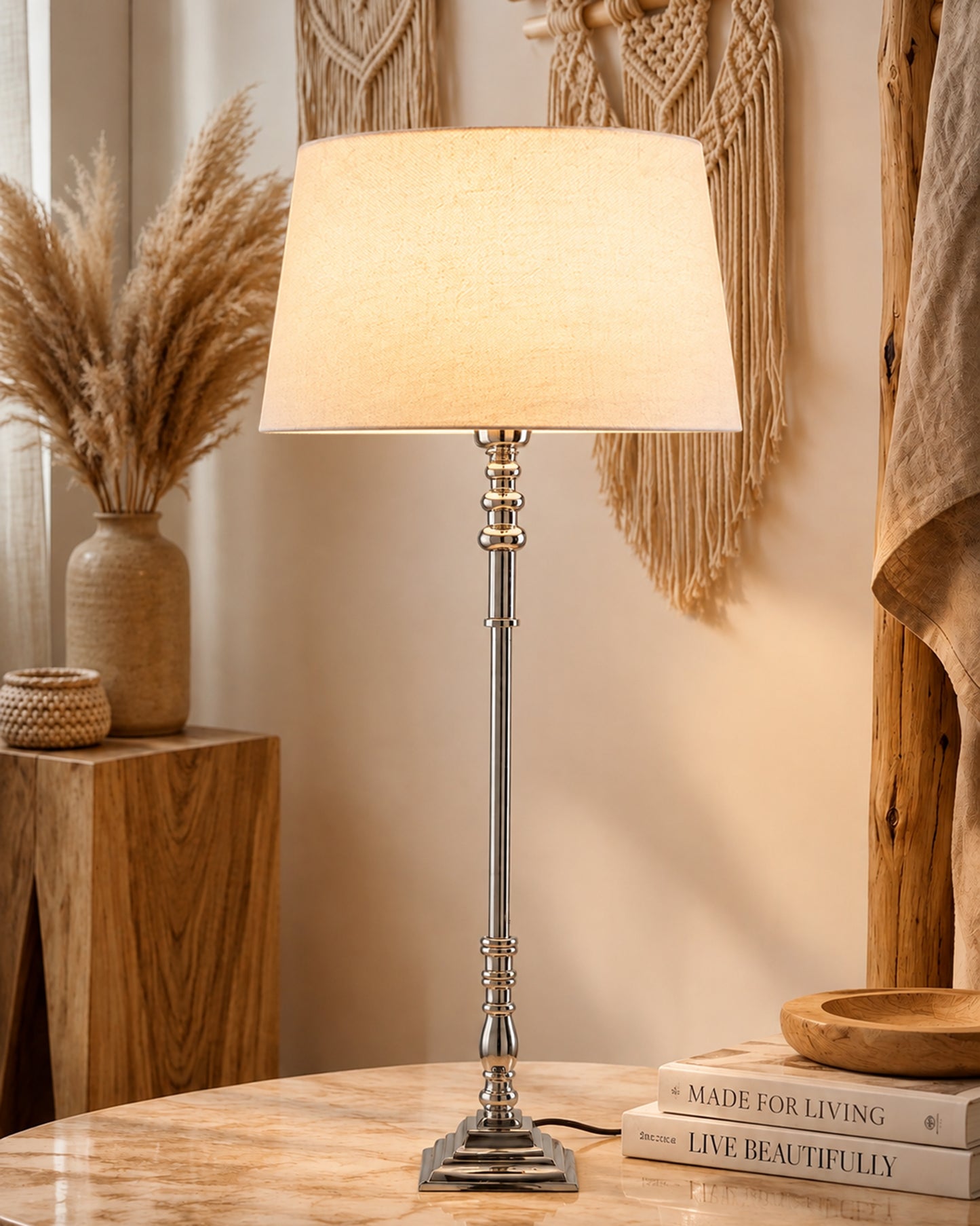 Modern Aluminium Chrome Finish Buffet Table Lamp, Drum Shade
