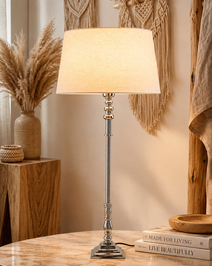 Modern Aluminium Chrome Finish Buffet Table Lamp, Drum Shade