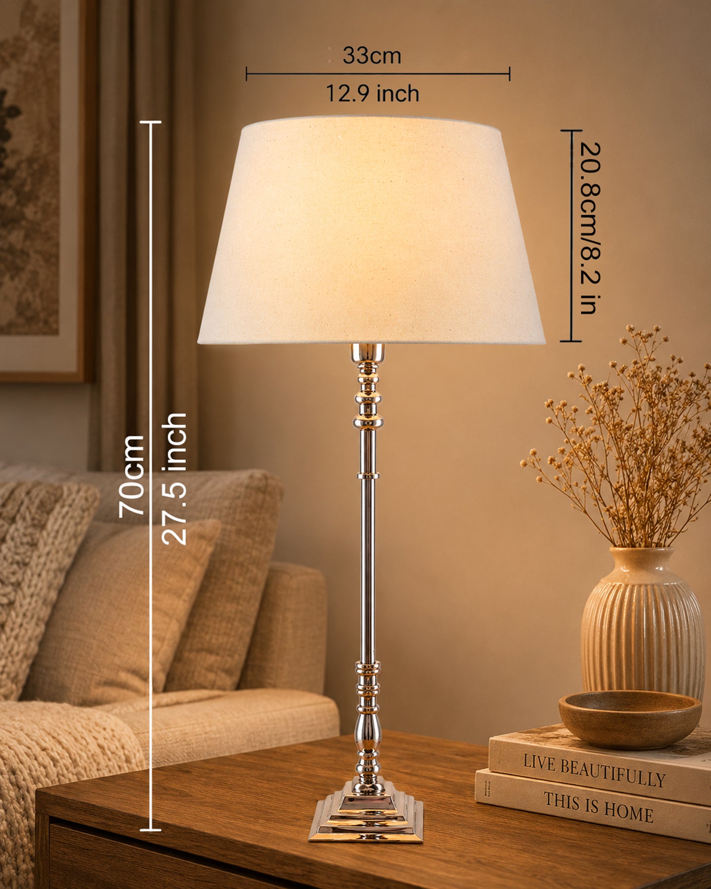 Modern Aluminium Chrome Finish Buffet Table Lamp, Drum Shade