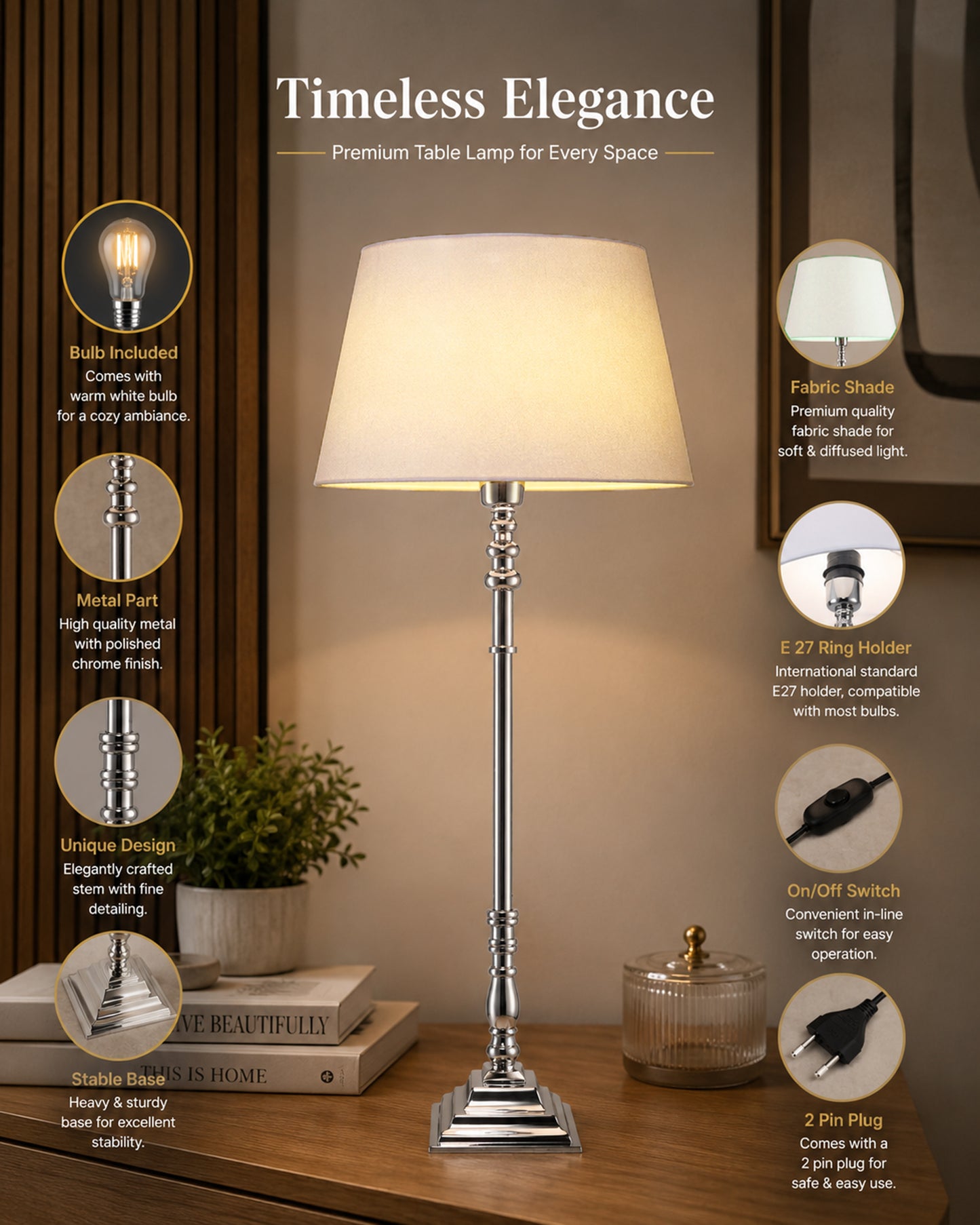 Modern Aluminium Chrome Finish Buffet Table Lamp, Drum Shade
