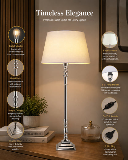 Modern Aluminium Chrome Finish Buffet Table Lamp, Drum Shade