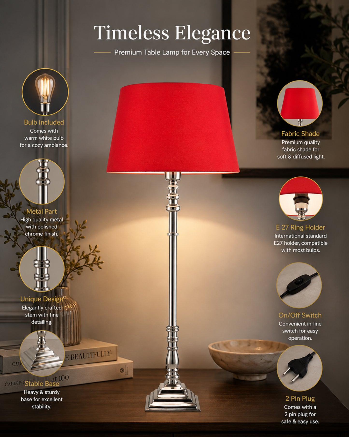 Modern Aluminium Chrome Finish Buffet Table Lamp, Drum Shade