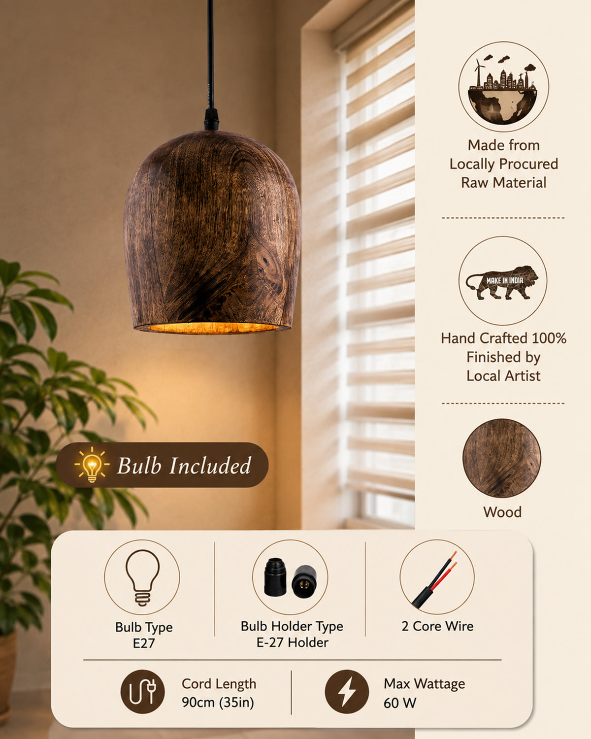 Modern Bucket Shape Natural Wooden Pendant Light Fixture, Home Kitchen Desk Dining Room, Rustic hanging Light, E27