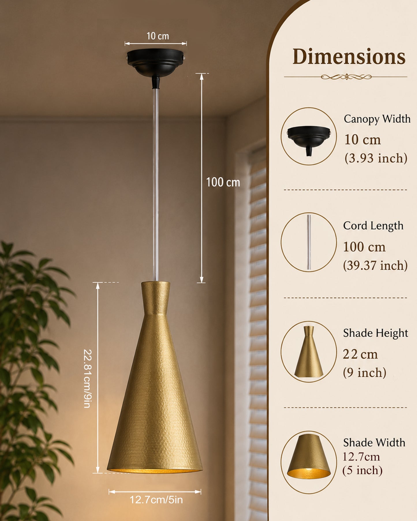 E27 Single Head Metal Cone Shade Pendant Vintage Hanging Ceiling Light, Golden Set of 2