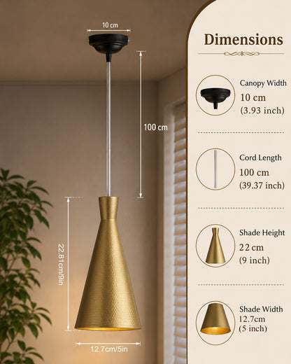E27 Single Head Metal Cone Shade Pendant Vintage Hanging Ceiling Light, Golden Set of 2
