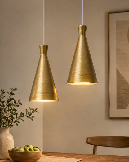 E27 Single Head Metal Cone Shade Pendant Vintage Hanging Ceiling Light, Golden Set of 2