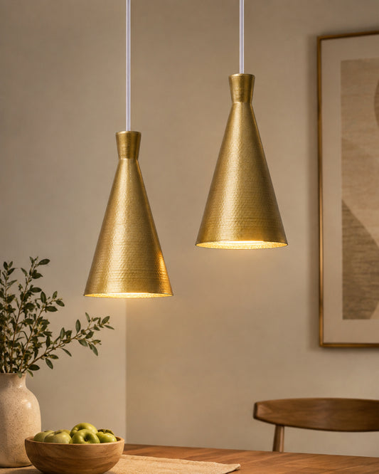 E27 Single Head Metal Cone Shade Pendant Vintage Hanging Ceiling Light, Golden Set of 2