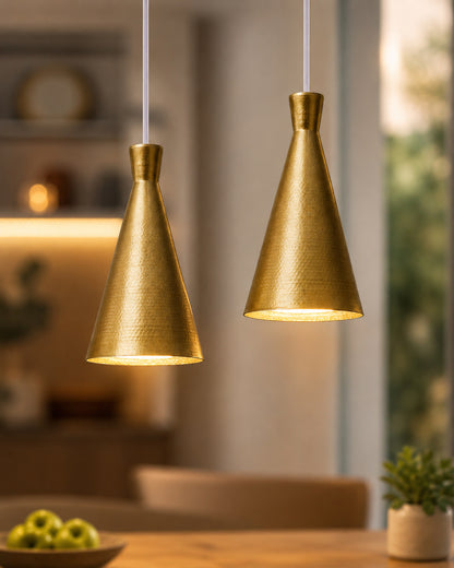 E27 Single Head Metal Cone Shade Pendant Vintage Hanging Ceiling Light, Golden Set of 2