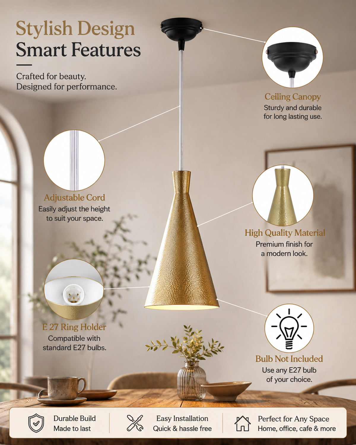E27 Single Head Metal Cone Shade Pendant Vintage Hanging Ceiling Light, Golden Set of 2