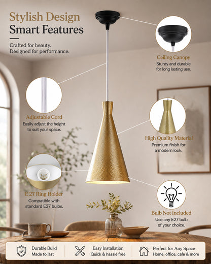 E27 Single Head Metal Cone Shade Pendant Vintage Hanging Ceiling Light, Golden Set of 2