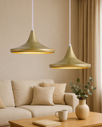 E27 Single Head Metal Cone Shade Pendant Vintage Hanging Ceiling Light, Golden Set of 2