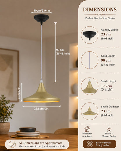 E27 Single Head Metal Cone Shade Pendant Vintage Hanging Ceiling Light, Golden Set of 2