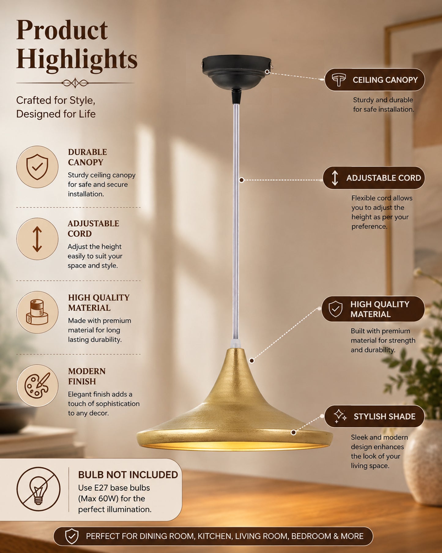 E27 Single Head Metal Cone Shade Pendant Vintage Hanging Ceiling Light, Golden Set of 2