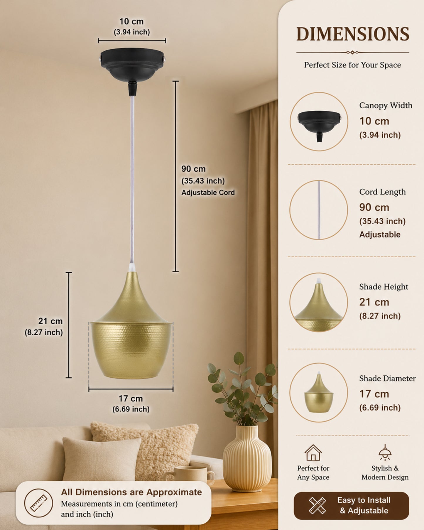 E27 Single Head Metal Cone Shade Pendant Vintage Hanging Ceiling Light, Golden Set of 2