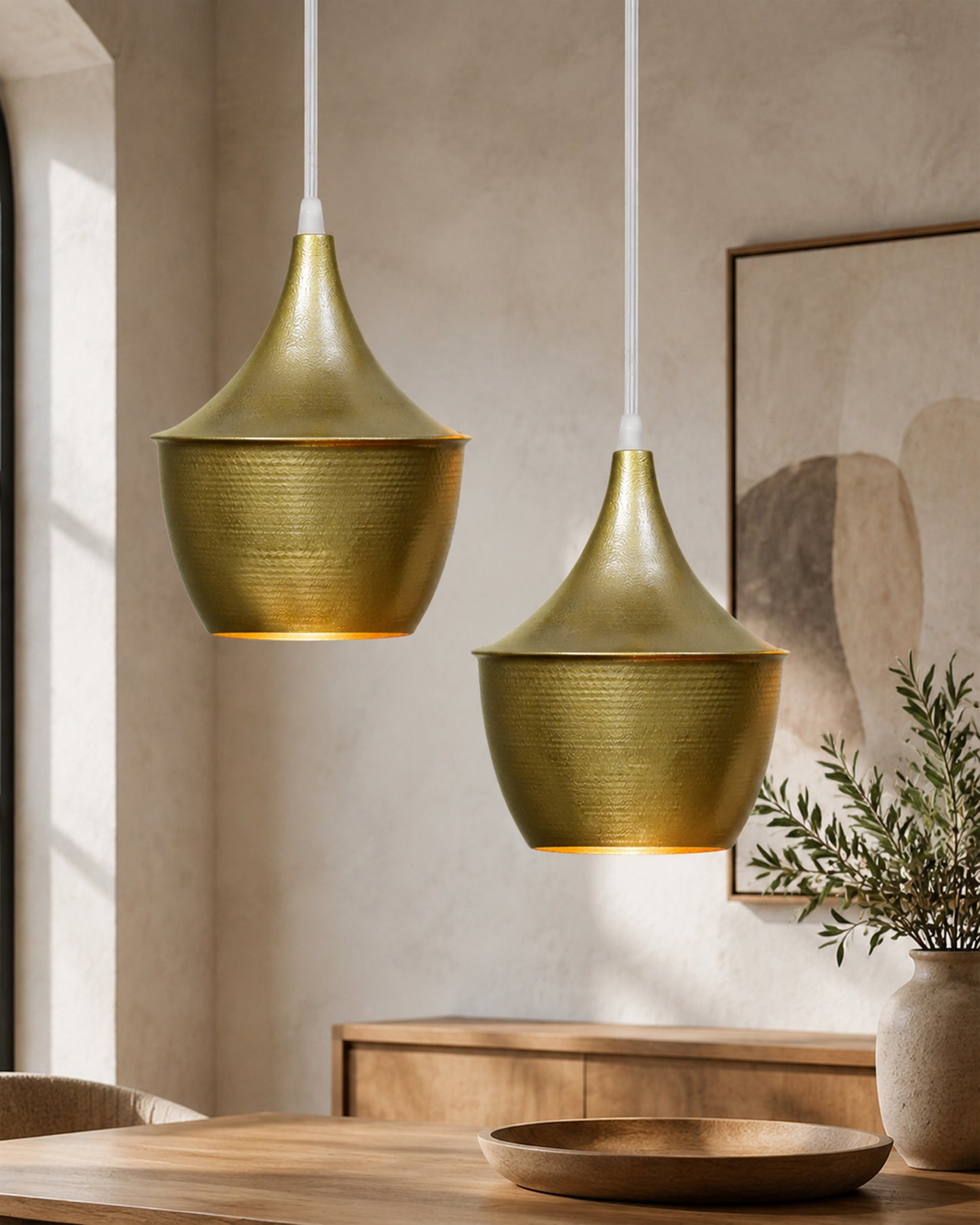 E27 Single Head Metal Cone Shade Pendant Vintage Hanging Ceiling Light, Golden Set of 2