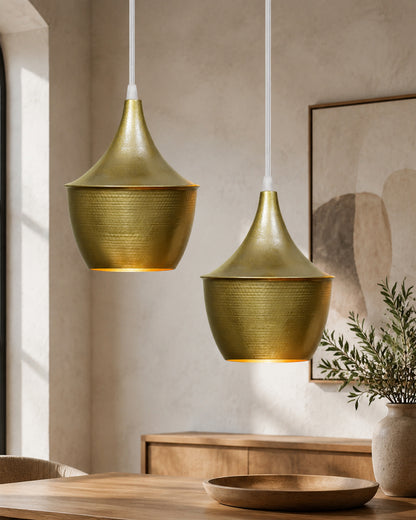 E27 Single Head Metal Cone Shade Pendant Vintage Hanging Ceiling Light, Golden Set of 2