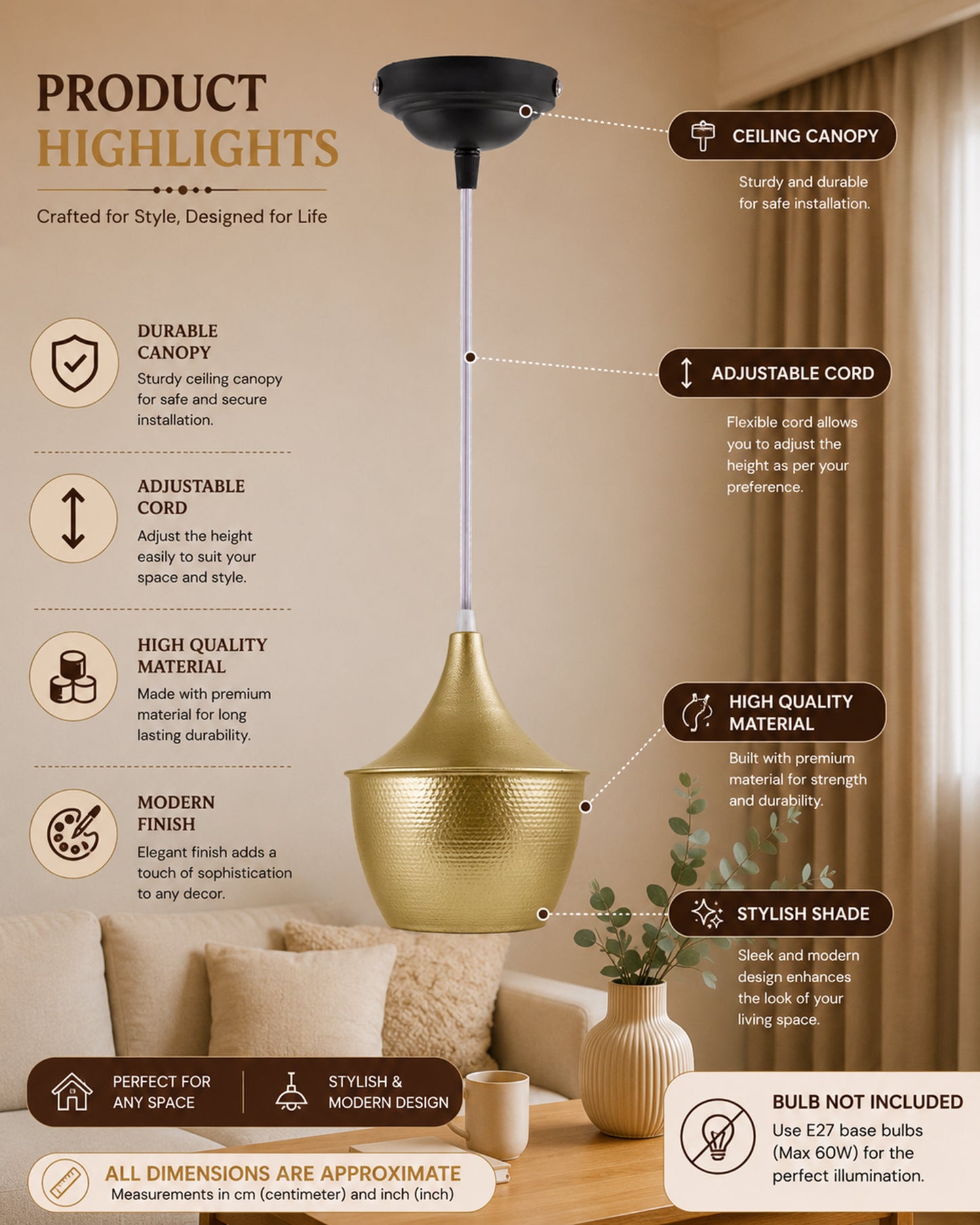 E27 Single Head Metal Cone Shade Pendant Vintage Hanging Ceiling Light, Golden Set of 2