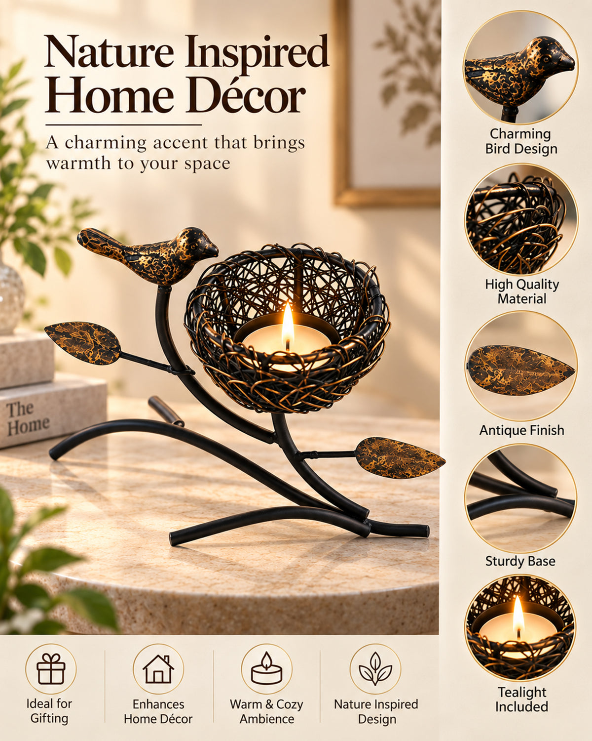 Homesake® Decorative Bird with Nest Table Tea Light Holder, Wedding Dining Table Romatic Candle Light Wax Diya Centerpiecec