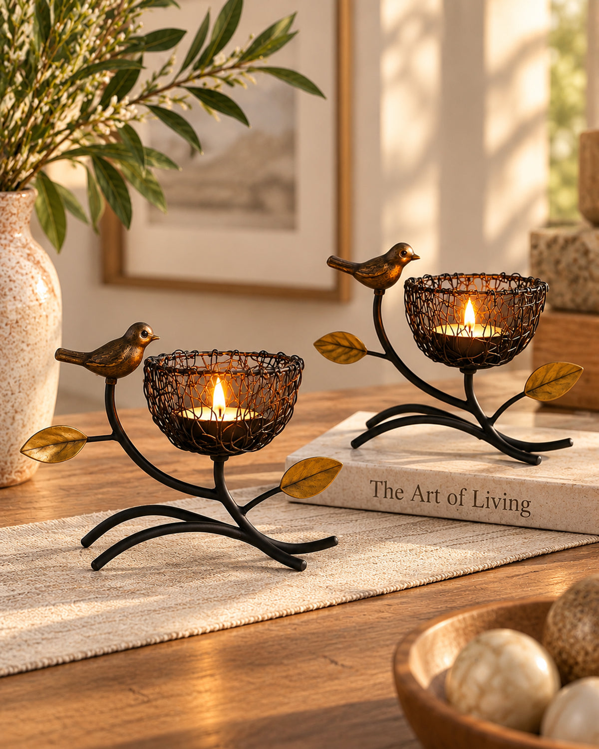 Homesake® Decorative Bird with Nest Table Tea Light Holder, Wedding Dining Table Romatic Candle Light Wax Diya Centerpiecec