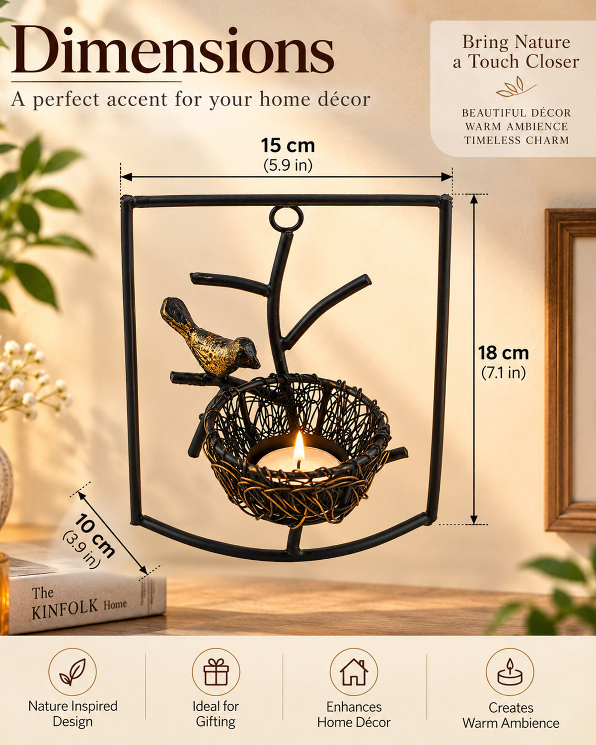 Homesake® Decorative Wall Bird with Nest Leaf Tealight Holder, Antique Metal Wall Scone Candle Holder, Wall Decoration for Living Room Bedroom