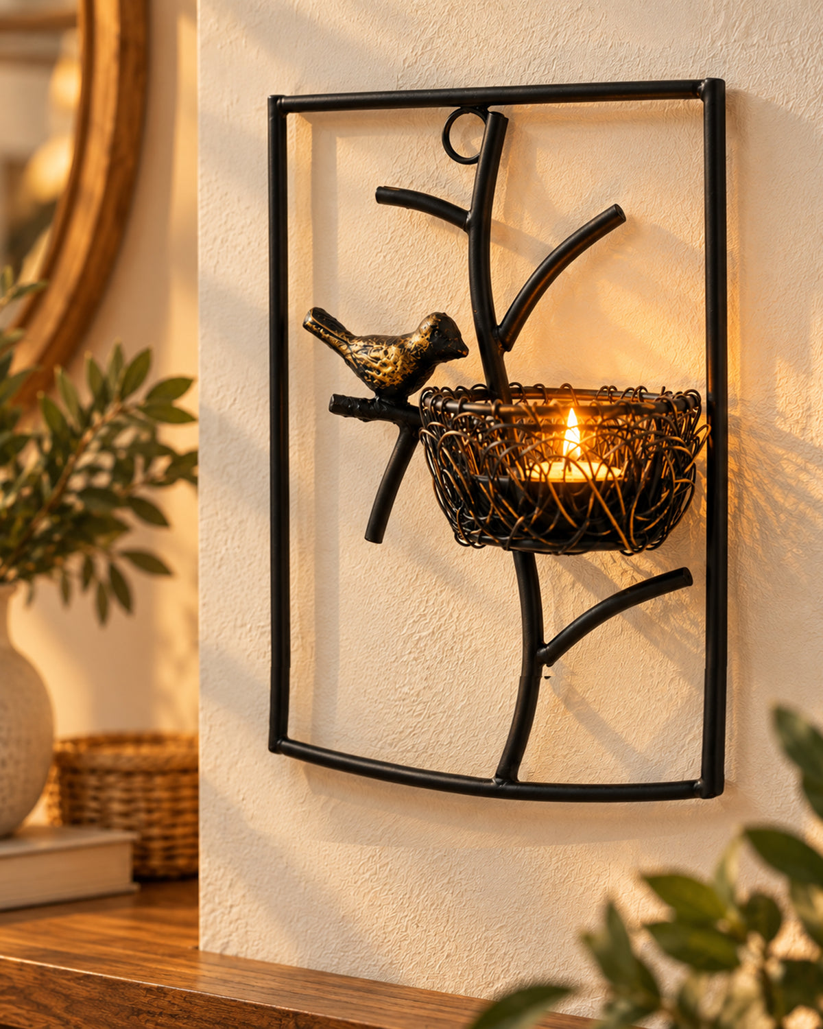 Homesake® Decorative Wall Bird with Nest Leaf Tealight Holder, Antique Metal Wall Scone Candle Holder, Wall Decoration for Living Room Bedroom