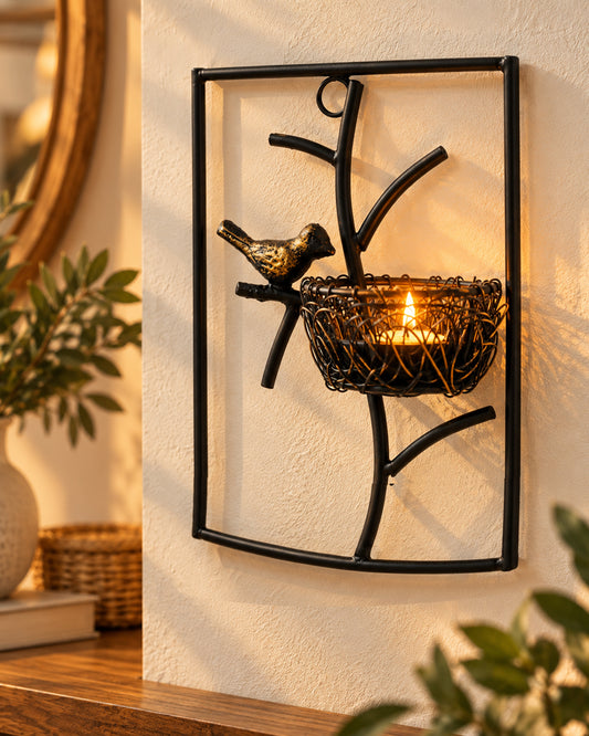 Homesake® Decorative Wall Bird with Nest Leaf Tealight Holder, Antique Metal Wall Scone Candle Holder, Wall Decoration for Living Room Bedroom