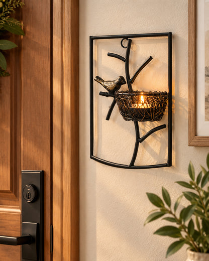 Homesake® Decorative Wall Bird with Nest Leaf Tealight Holder, Antique Metal Wall Scone Candle Holder, Wall Decoration for Living Room Bedroom