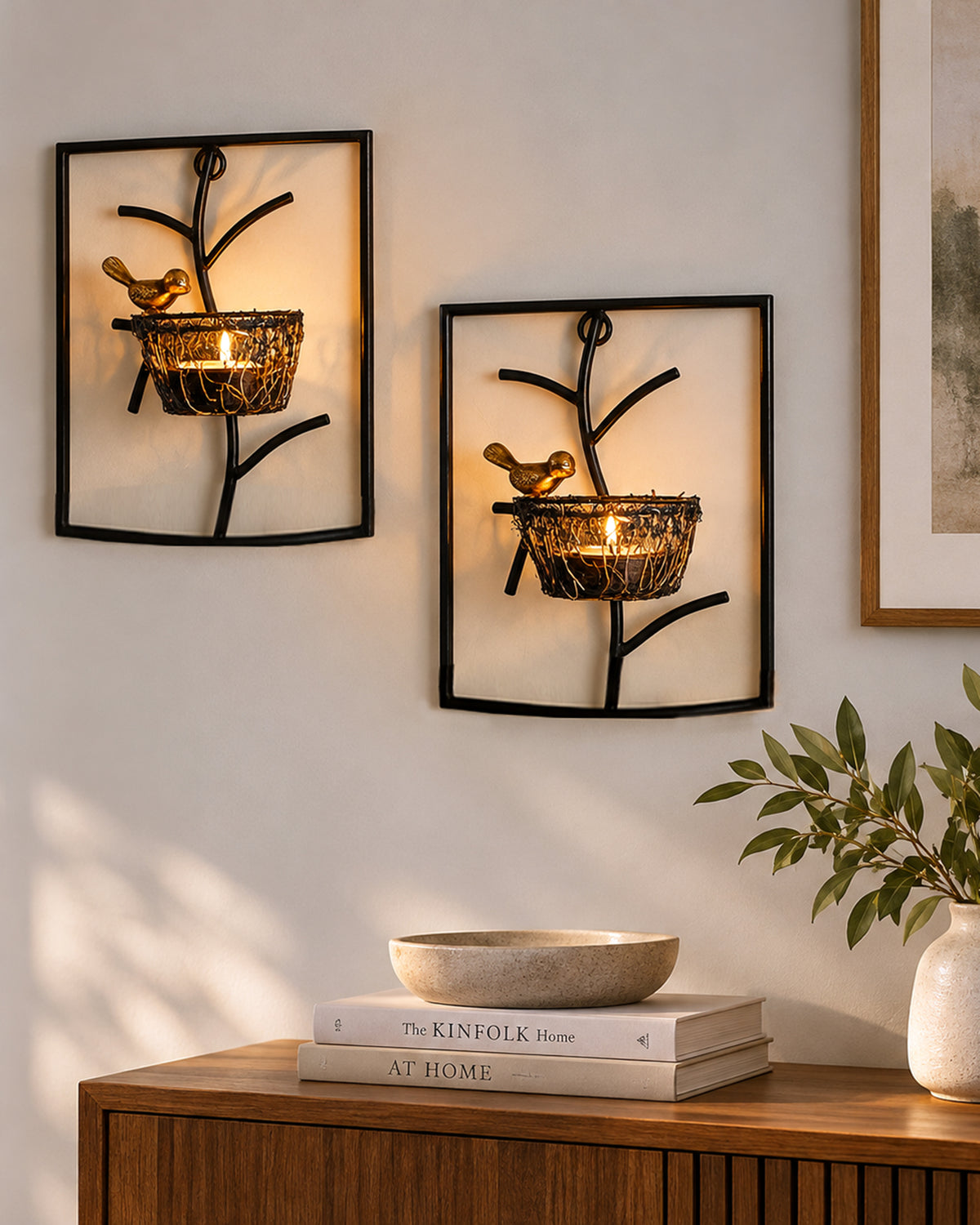Homesake® Decorative Wall Bird with Nest Leaf Tealight Holder, Antique Metal Wall Scone Candle Holder, Wall Decoration for Living Room Bedroom