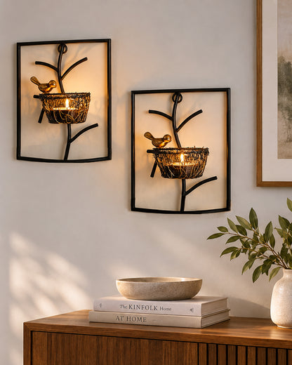 Homesake® Decorative Wall Bird with Nest Leaf Tealight Holder, Antique Metal Wall Scone Candle Holder, Wall Decoration for Living Room Bedroom