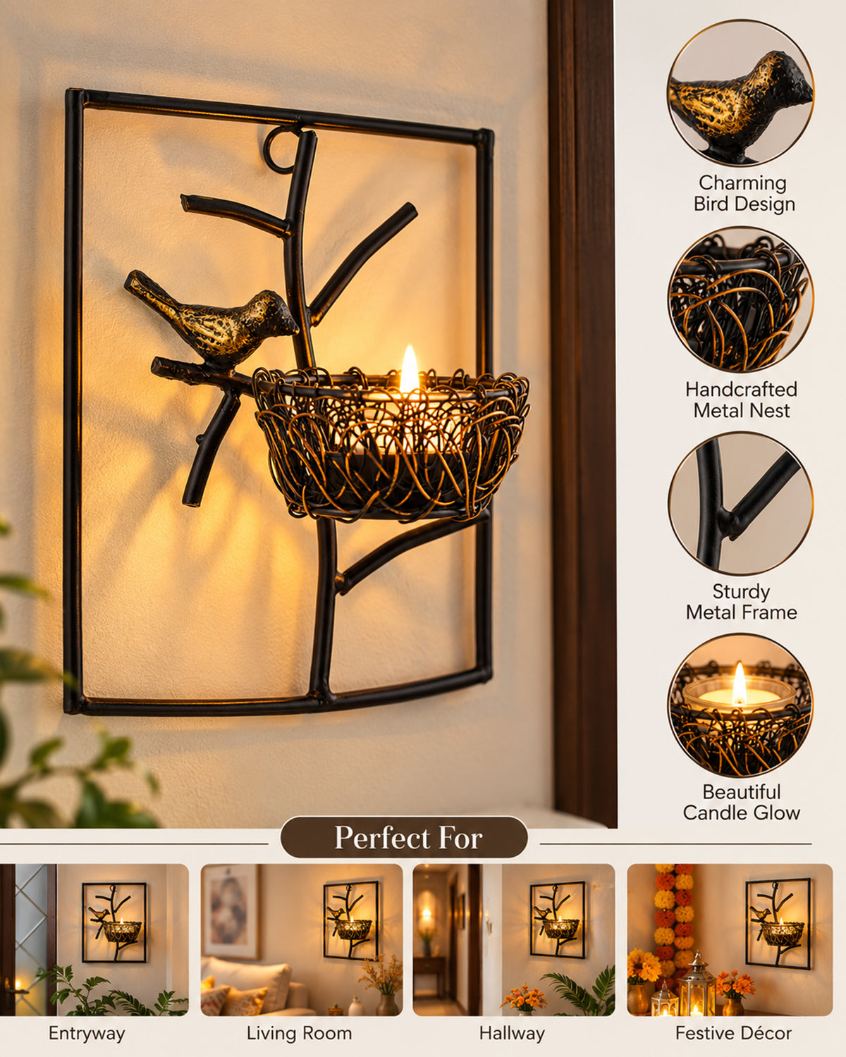 Homesake® Decorative Wall Bird with Nest Leaf Tealight Holder, Antique Metal Wall Scone Candle Holder, Wall Decoration for Living Room Bedroom