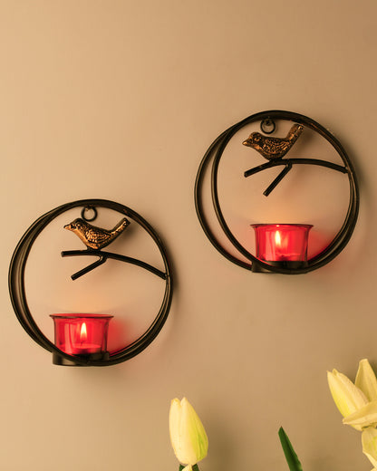 Decorative Bird Round Ring with Glass Table and Wall Tealight Holder,Set of 2,Antique Metal Wall Scone Candle Holder