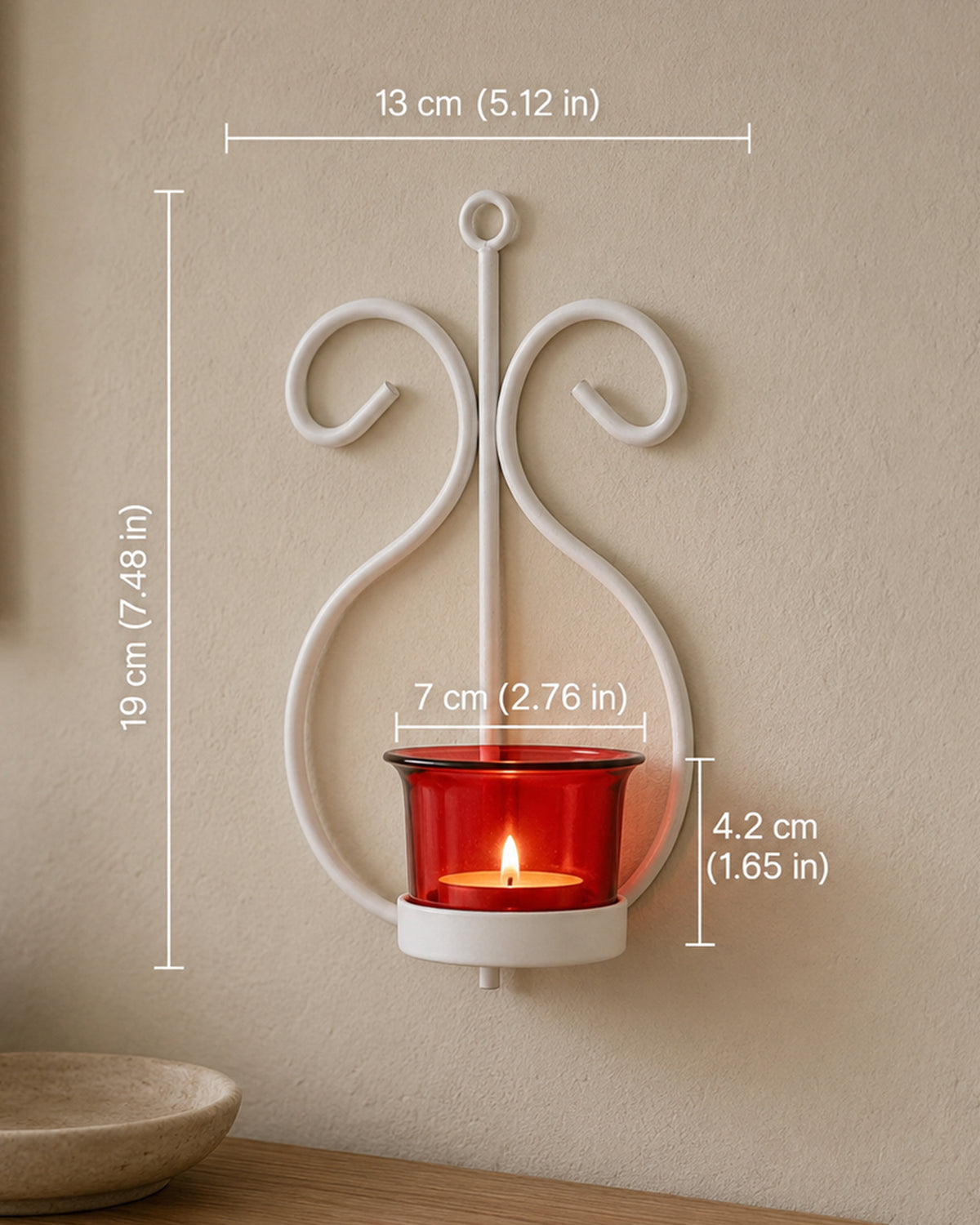 Set of 2 Decorative White Wall Sconce/Candle Holder With Red Glass and Free T-light Candles