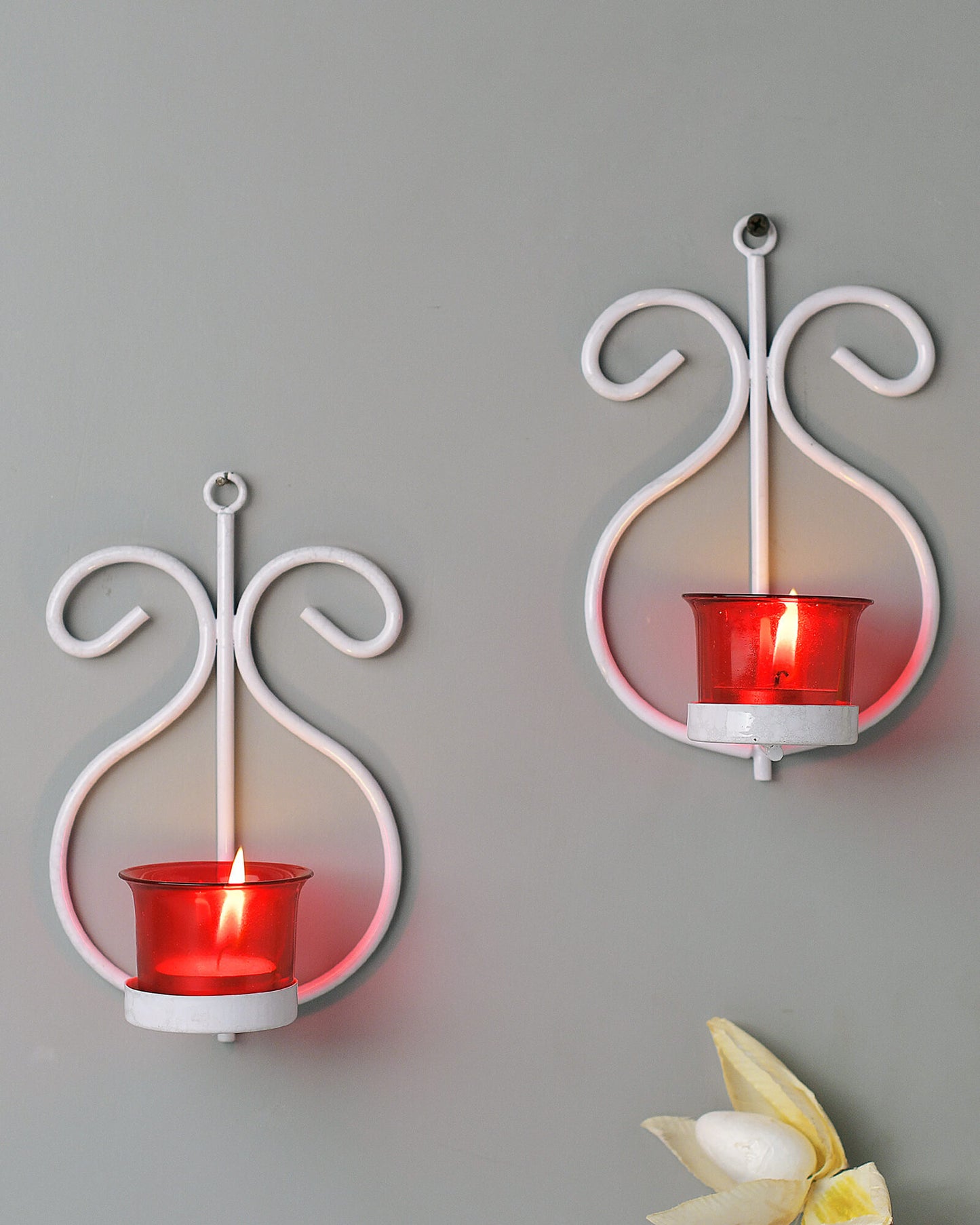 Set of 2 Decorative White Wall Sconce/Candle Holder With Red Glass and Free T-light Candles