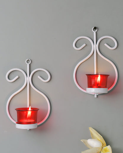 Set of 2 Decorative White Wall Sconce/Candle Holder With Red Glass and Free T-light Candles