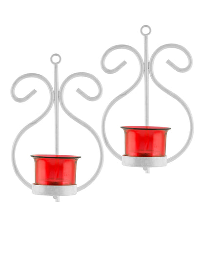 Set of 2 Decorative White Wall Sconce/Candle Holder With Red Glass and Free T-light Candles